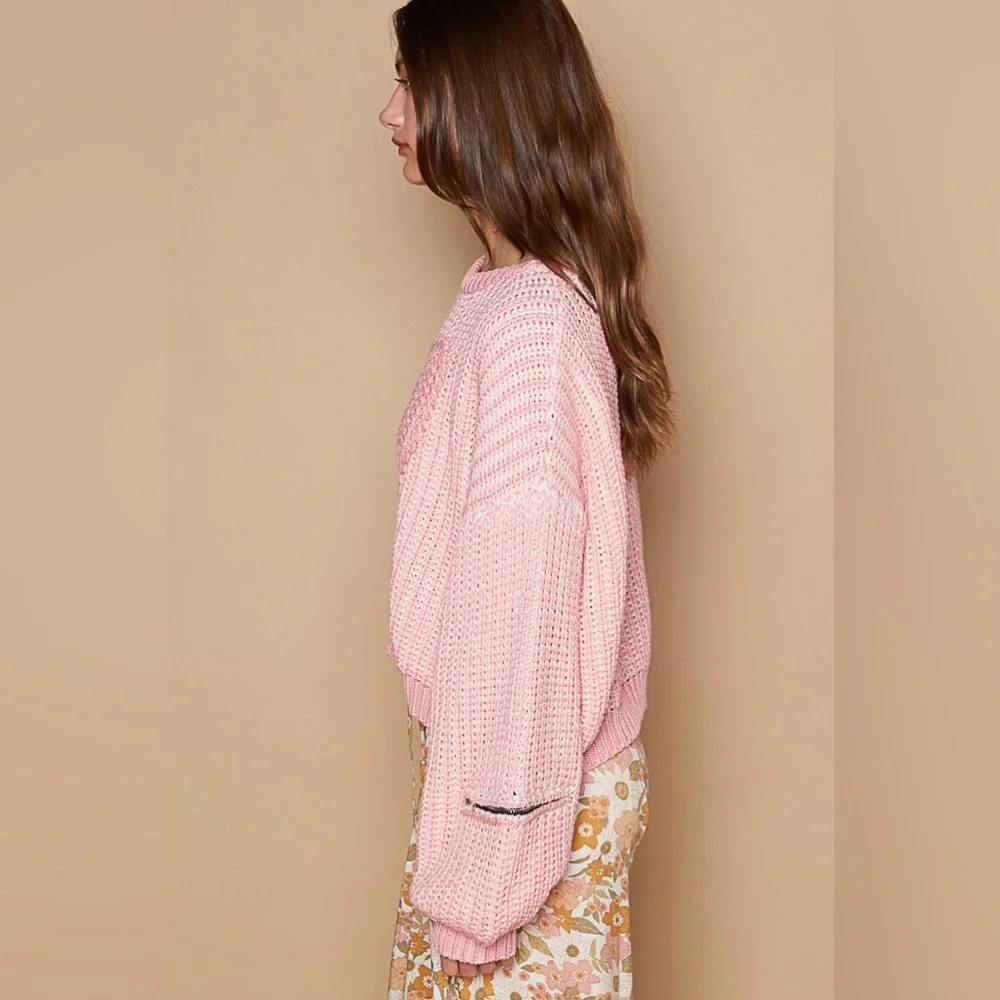 901. 🛑POL AT COST! LAST 1! Crochet Pullover Sweater Pink white Chunky Heart zip - Picture 5 of 6